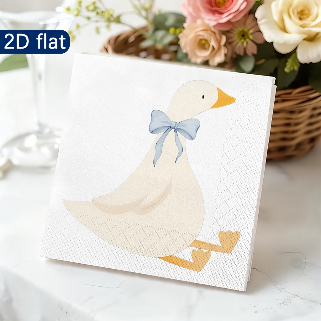 TEMU Lot de 20 serviettes en papier Queue-de-coq 16,5x16,5 cm à motif de canard blanc avec nœud, pour , fêtes d'anniversaire, baby showers,