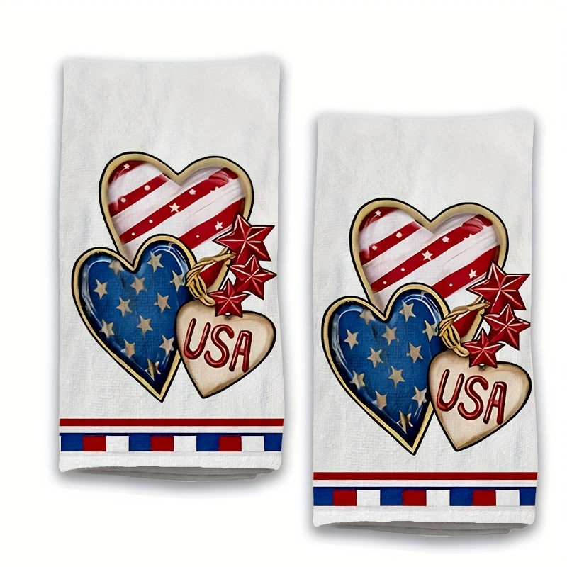 TEMU 2pcs Patriotic Usa Hearts Kitchen Towels - Retro Cartoon Design With American Flag Motif, Stars & Stripes, Durable Polyester Dishcloths, Hand
