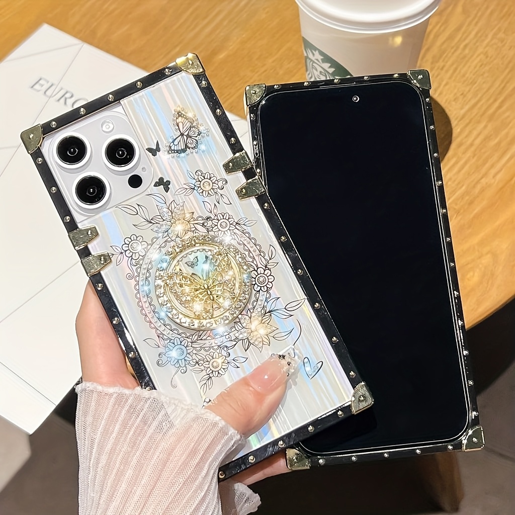 Luxury Laser Shell Pattern Case for iPhone 16 15 Pro Max 14 13 12 11 Plus Rhinestone Butterfly Stand Holder Shockproof Card