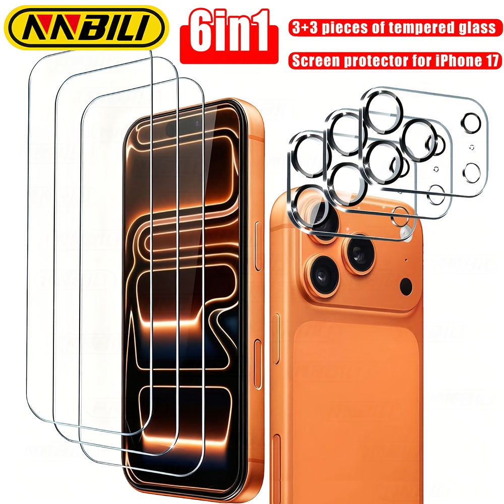 TEMU 6-in-1 Tempered Glass Compatible With For Iphone 17 Pro Max Screen Protector, 6.9 Inches, Includes 3 Camera Lens Protectors Suitable For Iphone