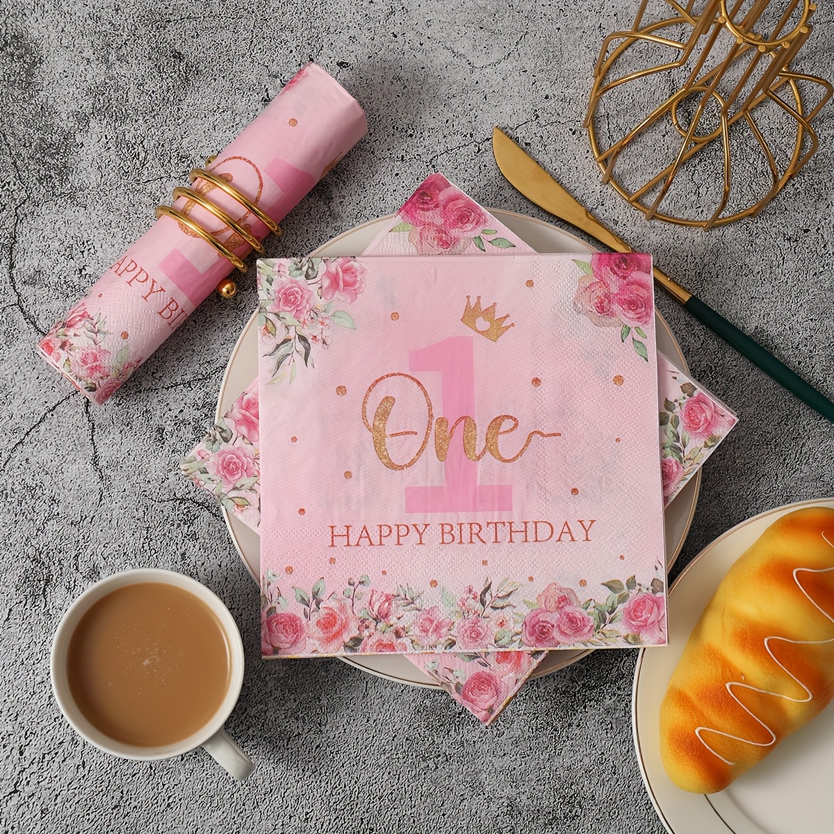 Image of 20pcs, 2025 New Happy First Birthday Napkins, 13x13 Inches - Wedding Birthday Garden Party Decorative Napkins For Restaurant, Kitchen, Decorations