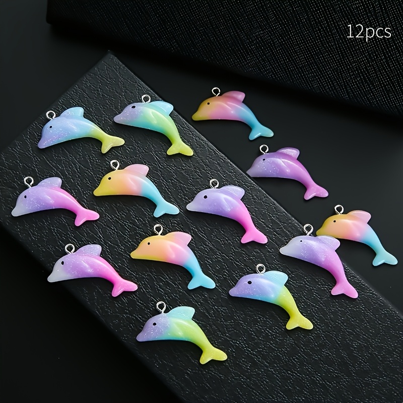 TEMU 12pcs A Pack Of Cute Colorful Gradient Dolphin Resin Pendants Handmade Bracelet Earrings Bag Beaded Jewelry Additions Pendant Jewelry Additions