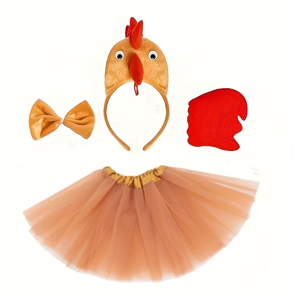 Image of 4pcs Chick Animal Costume Set, Chick Headband, Bow Tie, Tail, Tutu Skirt Outfit, For Halloween Role-play