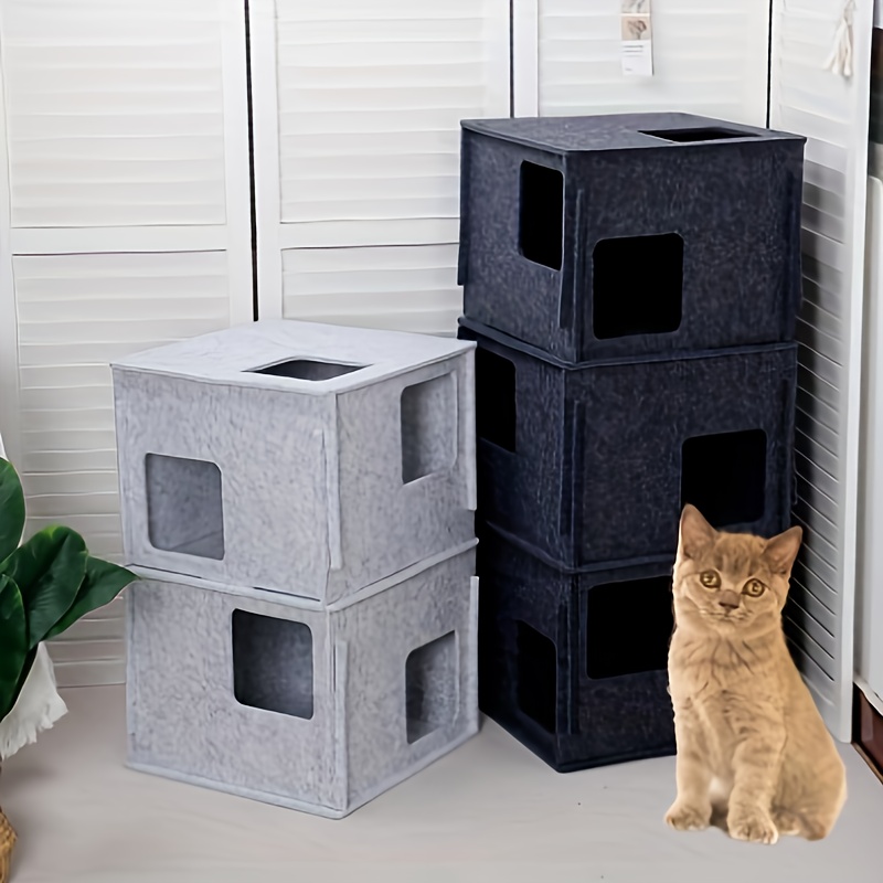 

3-storey Felt Cat Houses&condos, Peekaboo Cat Cave, Durable And Warm Indoor Cat Bed Hideaway Cave For Multi Kittens Pet