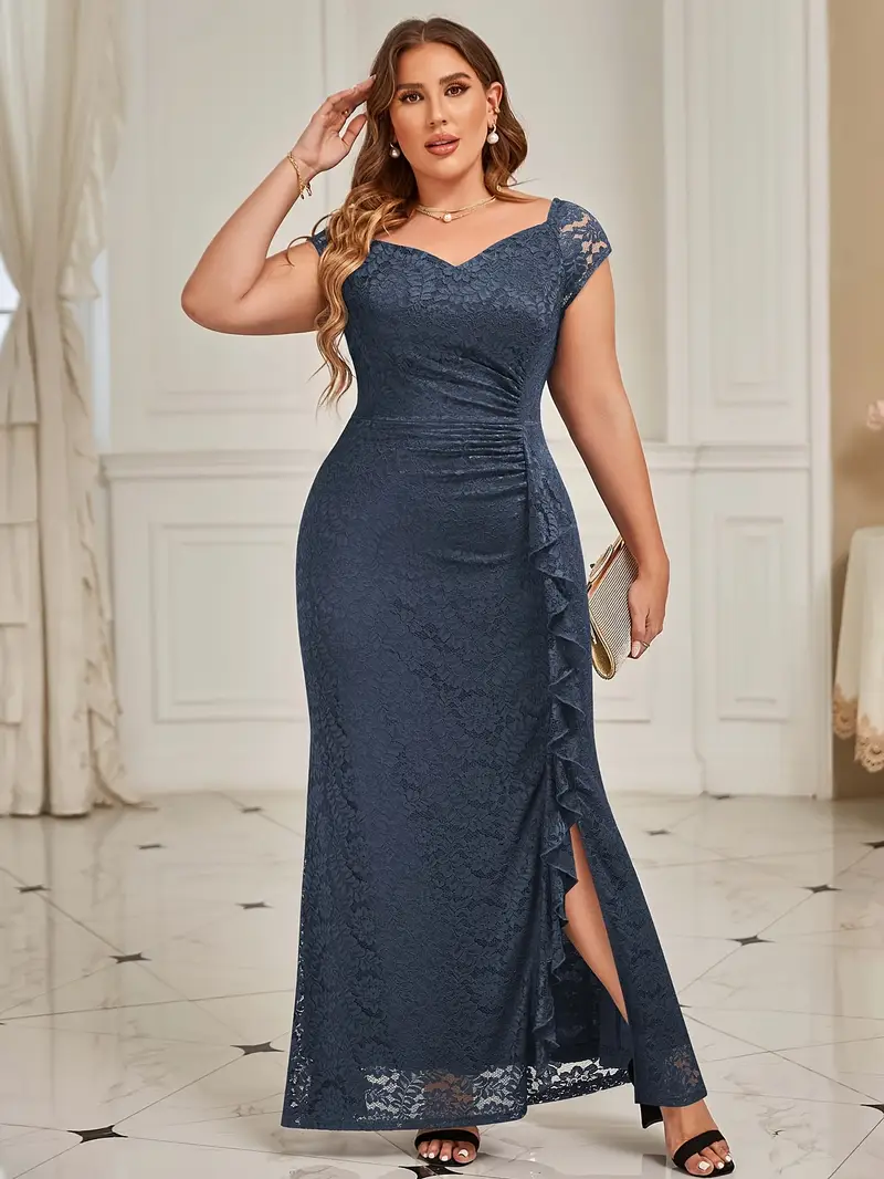 Plus Size, P22038 Elegant Plus Size Women's Lace Off-Shoulder Bridesmaid Gown, V-Neck with Split Ruffle Hem * Formal Evenings, Weddings, Parties Plus Size, P22038 Elegant Plus Size Women's Lace Off-Shoulder Bridesmaid Gown, V-Neck with Split Ruffle Hem * Formal Evenings, Weddings, Parties