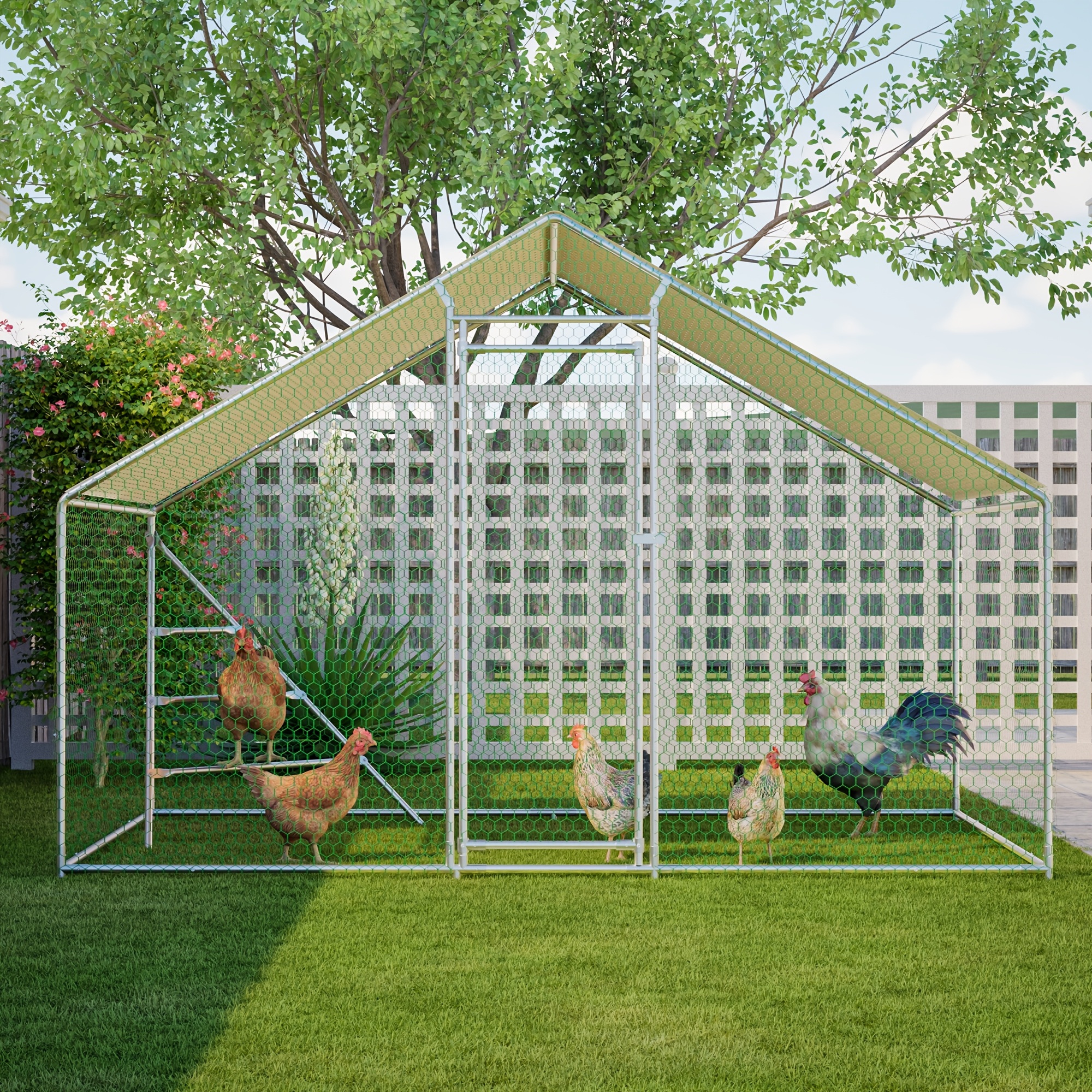 Image of Outdoor Metal Chicken Coop With Climbing Ladder Frame, Weatherproof Aviary 303*200cm With Roof Cover, Safe Outdoor Enclosure Space For Chickens And Small Animals