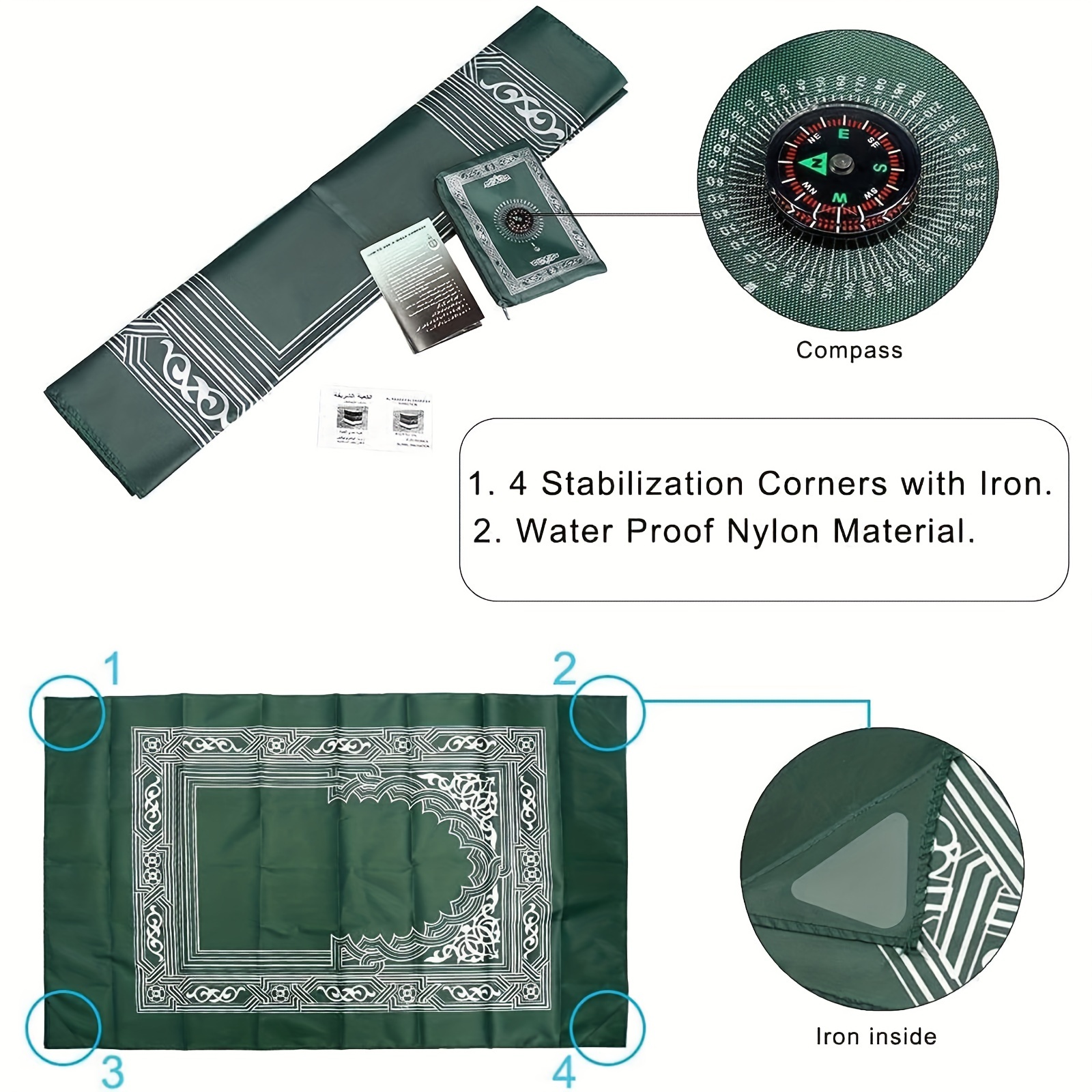 1pc set travel prayer mat for muslims portable waterproof machine washable polyester worship mat with compass perfect ramadan gift 23 6 x39 4 black or green details 2