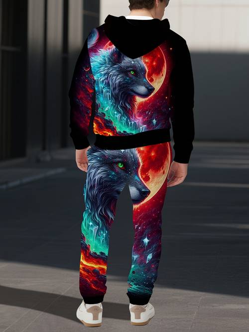 colorful gradient cool starry red nebula wolf head full mens suit hoodie sweatshirt casual hooded long sleeve pullover hoodie drawstring casual long pants 2pcs set men and women set