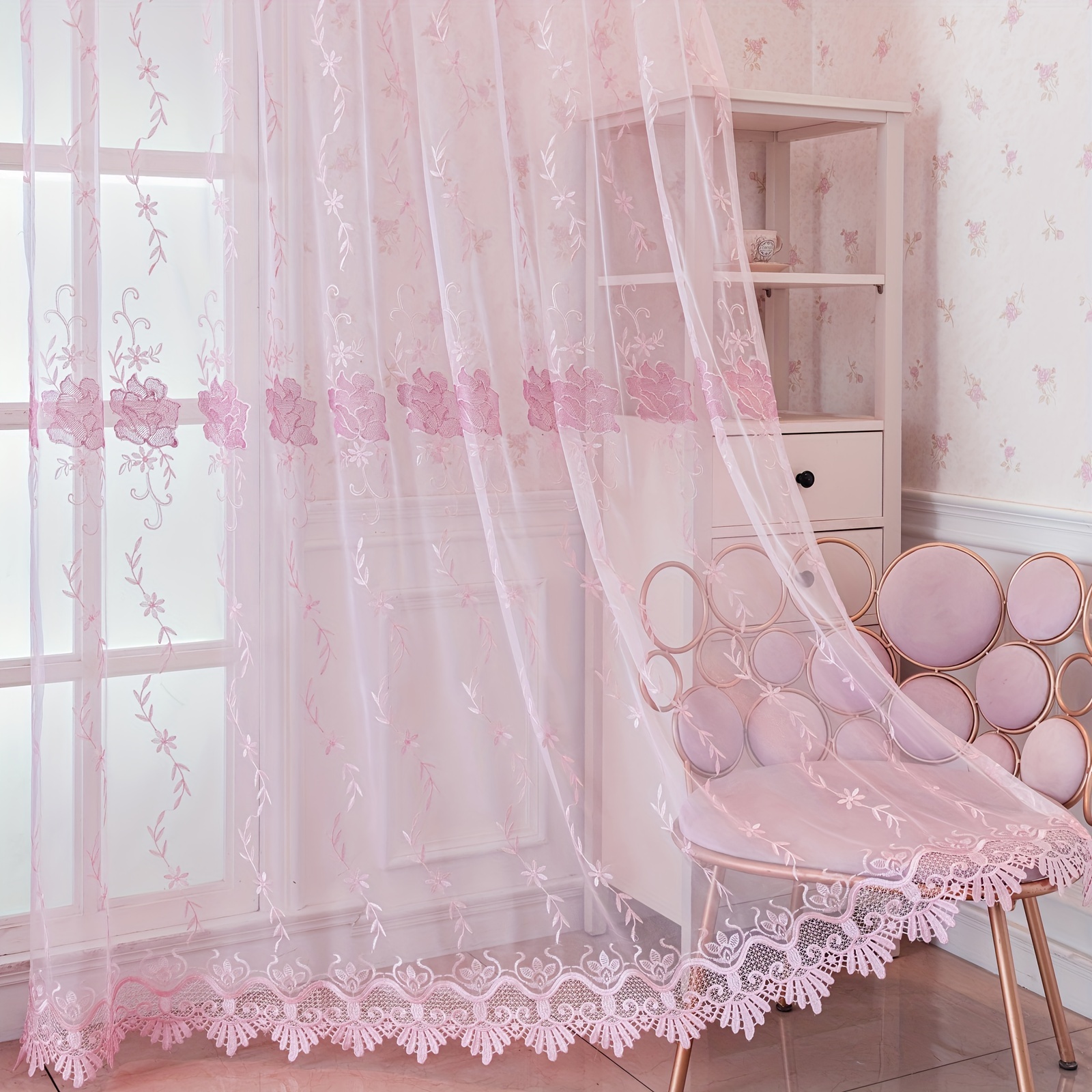 Image of 2pcs Pink Floral Embroidered Sheer Curtains - Romantic Transparent Organza Drapes For Wedding Room, Living Room, Bedroom Decor | Elegant & Accent, Curtains For Living Room