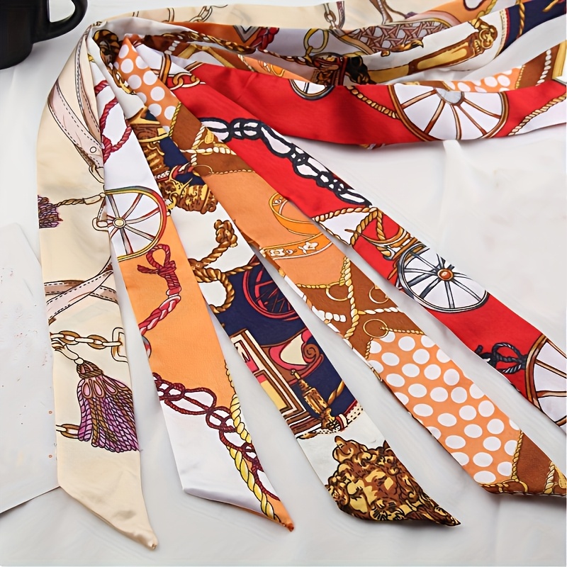 

6pcs/set Stylish Printed Skinny Scarves Decorative Elegant Style Headbands Hairbands Bag Ribbon Scarves For Women