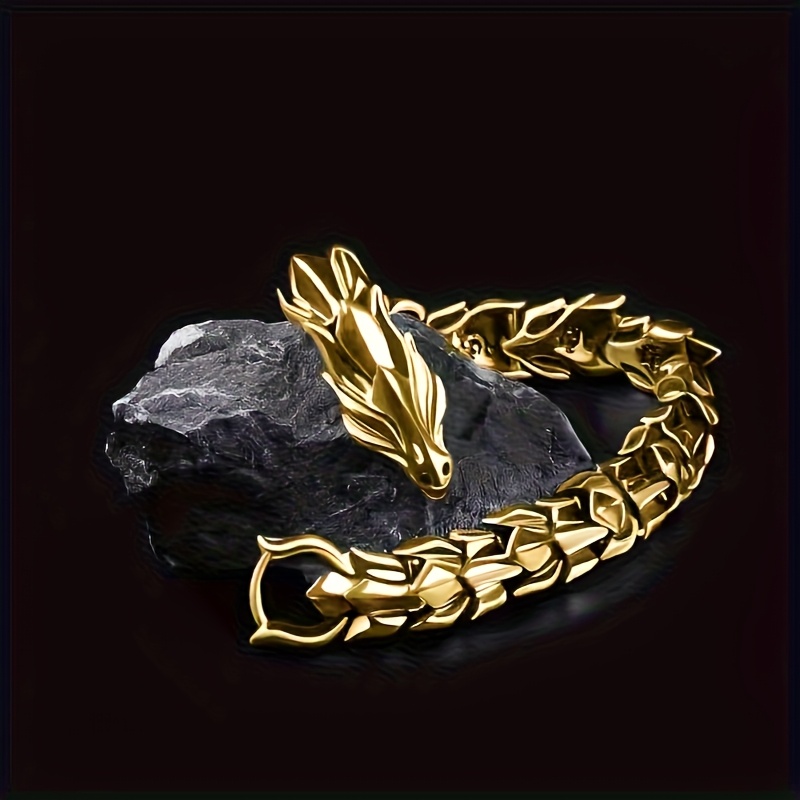 Pulsera de cadena de hueso de dragón para hombre - Aleación de zinc de tono dorado, duradera y elegante para ropa casual, accesorio diario | Accesorio de moda audaz | Piedra sintética
