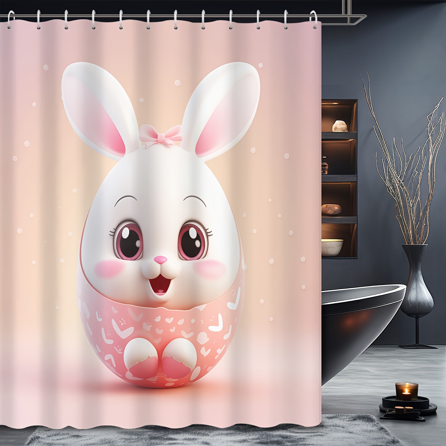 1pc Cartoon Bunny Egg Printed Shower Curtain, Waterproof Mildewproof Bath  Curtain With Hooks, Bathtub Partition, Bathroom Accessories, Easter Decorati