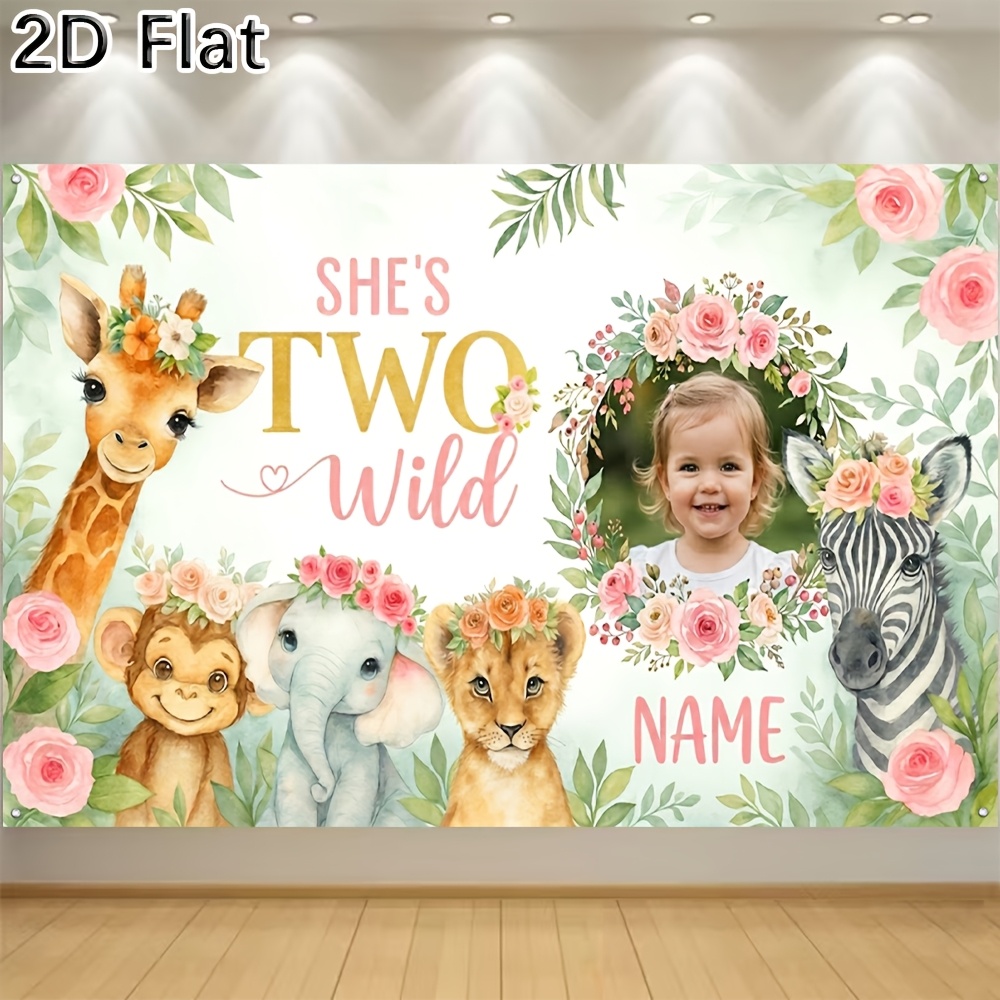 TEMU Bannière de fête 2D plate, 1 pièce, avec photo et nom personnalisés, "Elle ans, sauvage et mignonne", toile de fond pour deuxième anniversaire
