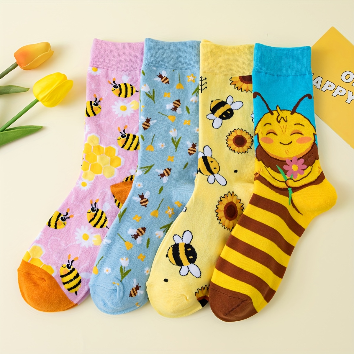 4 Pairs Mixed Color Bee Trendy Socks
