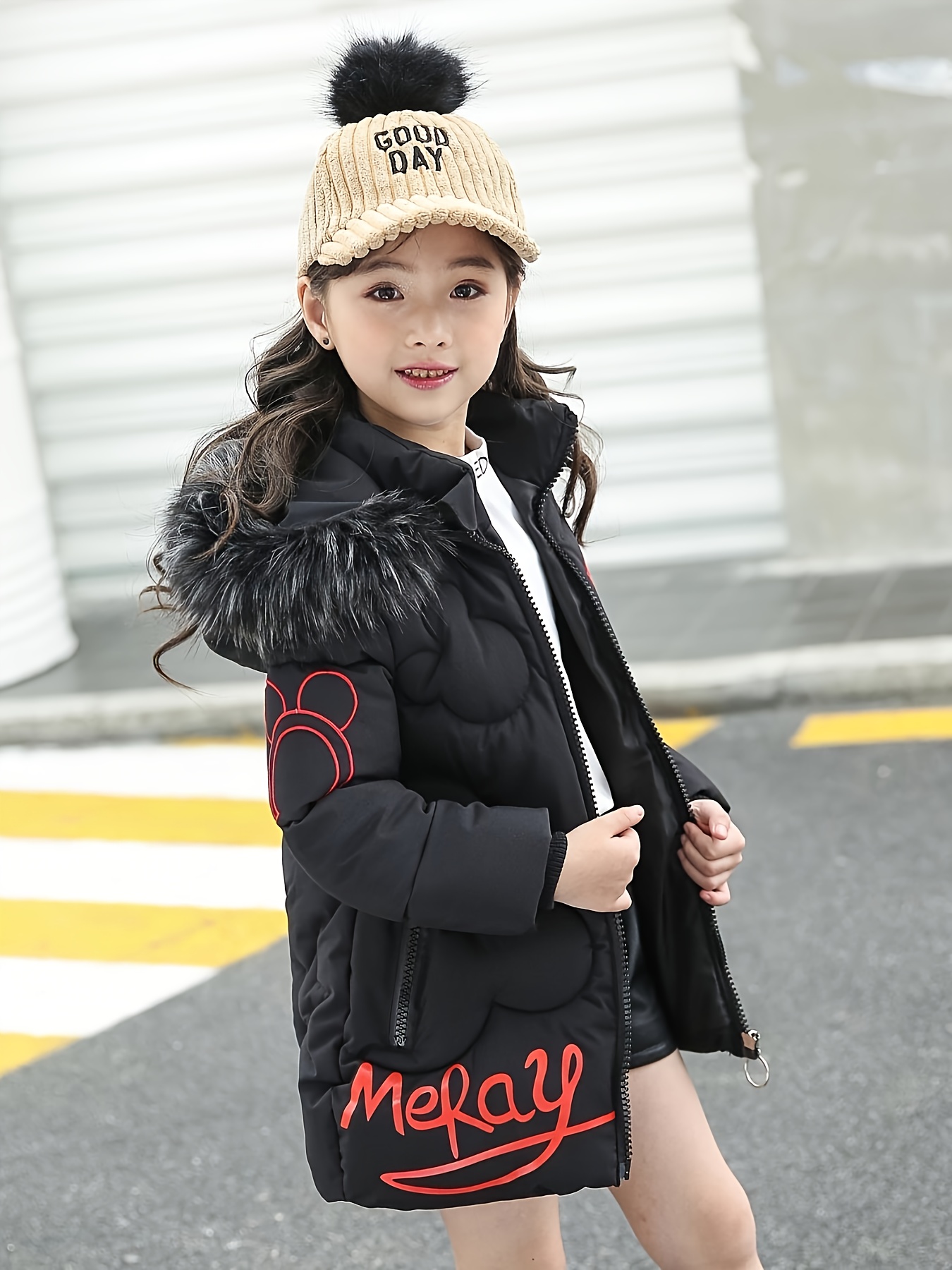 Meisjes Winterjas - Verdikte Halflange Parka met Capuchon, Paars & Cartoon Print, Ritssluiting aan de Voorkant - Machinewasbaar