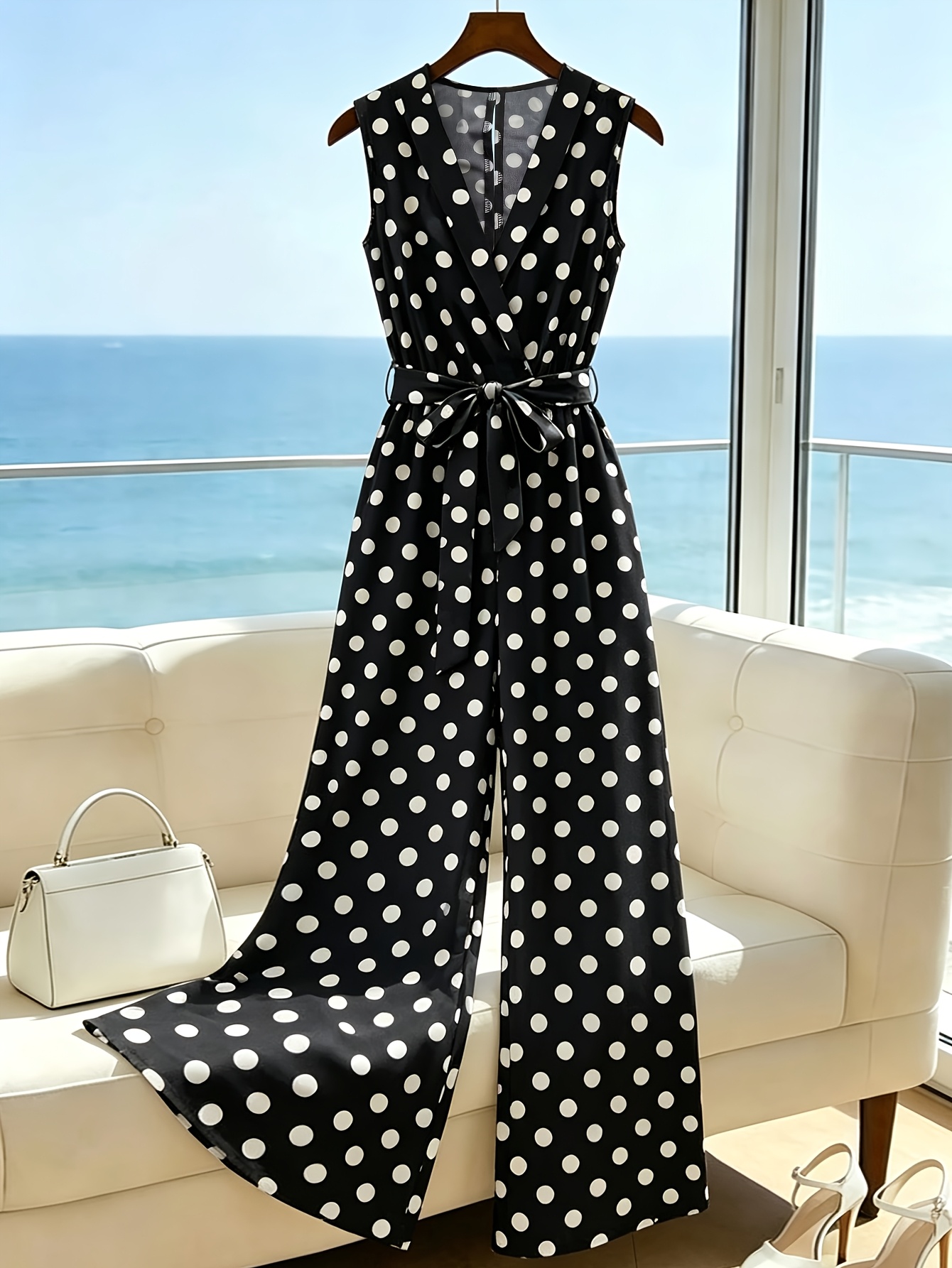 polka dot jumpsuit for women wide leg design waist cinching elegant and fashionable sleeveless v neck jumpsuit for summer
