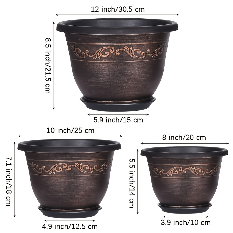 TEMU 6pcs Set Of 12-inch, 10-inch, And 8-inch Plastic Flower Pots With Drainage Holes - 3 Pots + 3 Saucers. Vintage-style Lightweight Planters