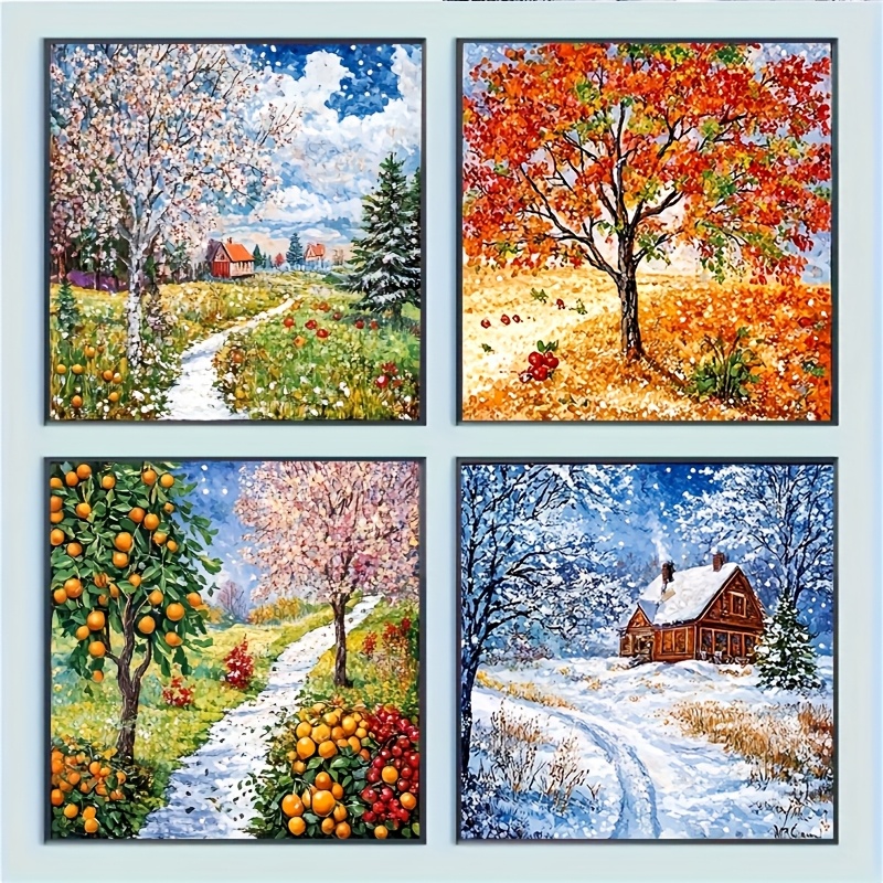 4-pack Scenery Diamond Painting Set - 20x20cm Full Diamond Round Acrylic Diamond, Design - Craft, Ideal For Hanging And Art