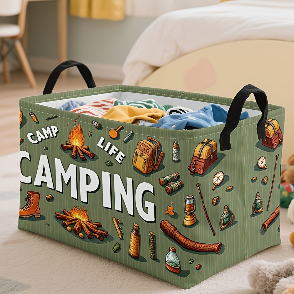 TEMU 1pc Open Storage Box, Olive Green Camping Life Printed Rectangular Laundry Basket, Outdoor Campfire Backpack Tent Gear Pattern Foldable Fabric