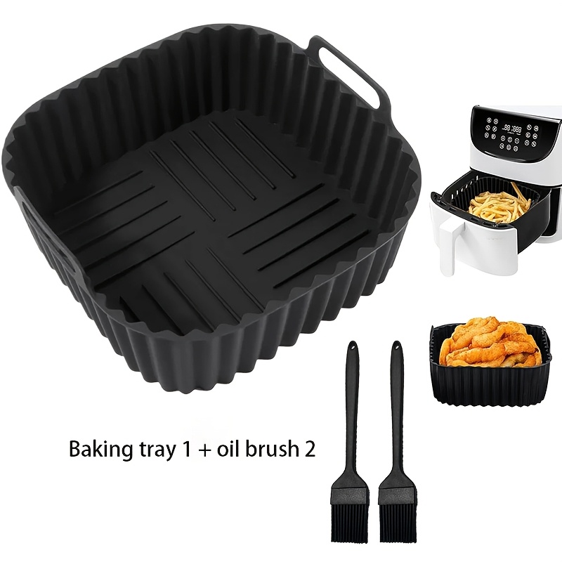 TEMU 3pcs (baking Tray 1pc And Oil Brush 2pcs) Air Fryer Silicone Liners Square, Reusable Silicone Air Fryer Liners, Airfryer Liners 4-7 Qt Reusable