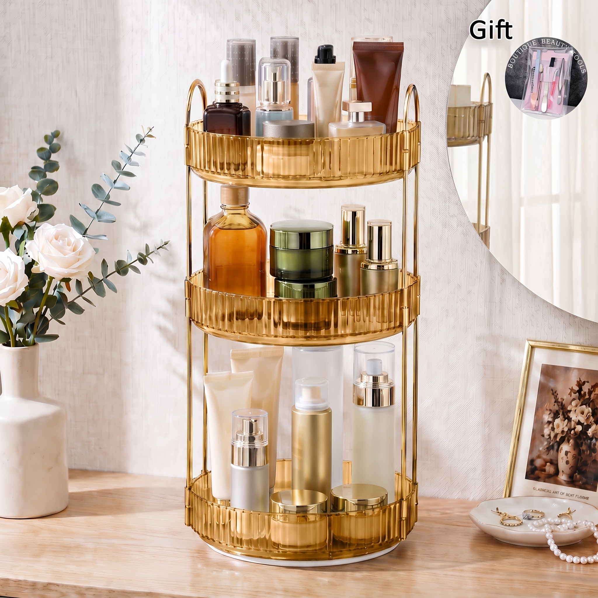 TEMU Dresser 360 Swivel Makeup Organizer, 3 Tier Bathroom Countertop Organizer Swivel Perfume Organizer, Large Capacity Cosmetic And Skincare Dresser