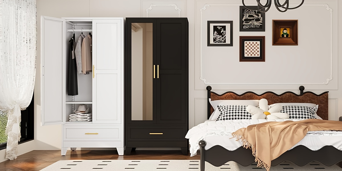 Bedroom with Mirror Wardrobe, 71 Inch High Wardrobe with Drawers, Clothing Storage Cabinet with Adjustable Shelves And Hangers