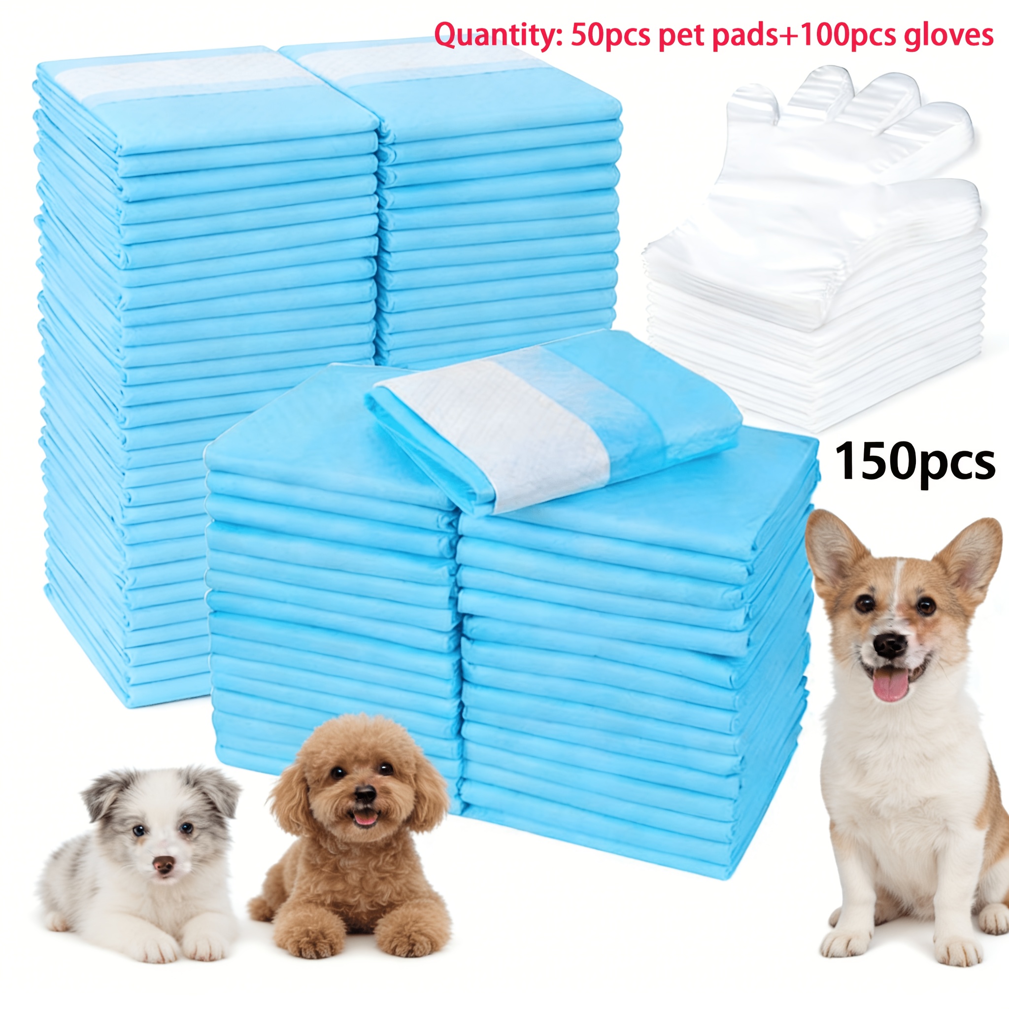 TEMU 150pcs Dog Training Pad – With Cleaning Gloves, Strong Absorption Type, Disposable Cat And Dog Training Pad, Thick Woven Material Suitable For