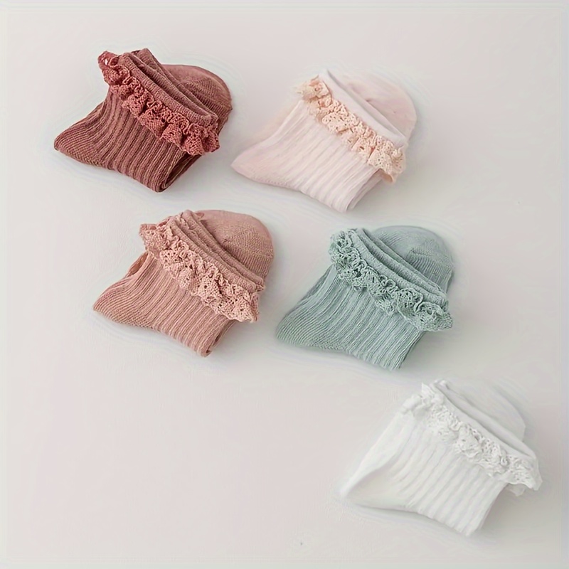 4 Pairs Youngsters' Princess Non-Slip Socks - Soft Knit Lace-Trimmed Toe & Heel, Breathable All-Season Floor Socks for Girls, Valentine'S Day Gift (Pink, White, Light Blue), Baby Socks, Playful Baby Design, Ribbed Texture