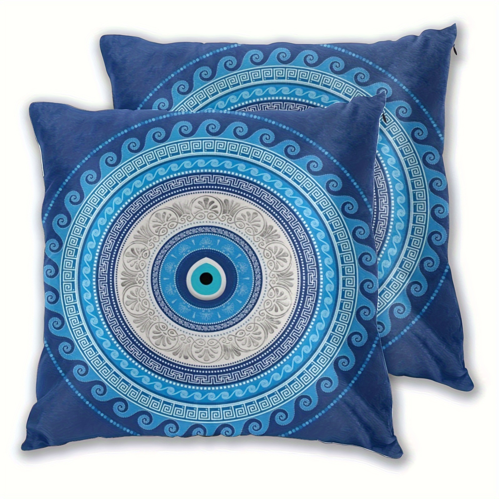 

2pcs Blue Mandala Evil Eye Greek Amulet Against Evil Square Short Plush Throw Pillow Covers, Decorative Throw Pillow Cases, Soft Couch Throw Pillow Cases, No Pillow Core, 18 X18 Inches
