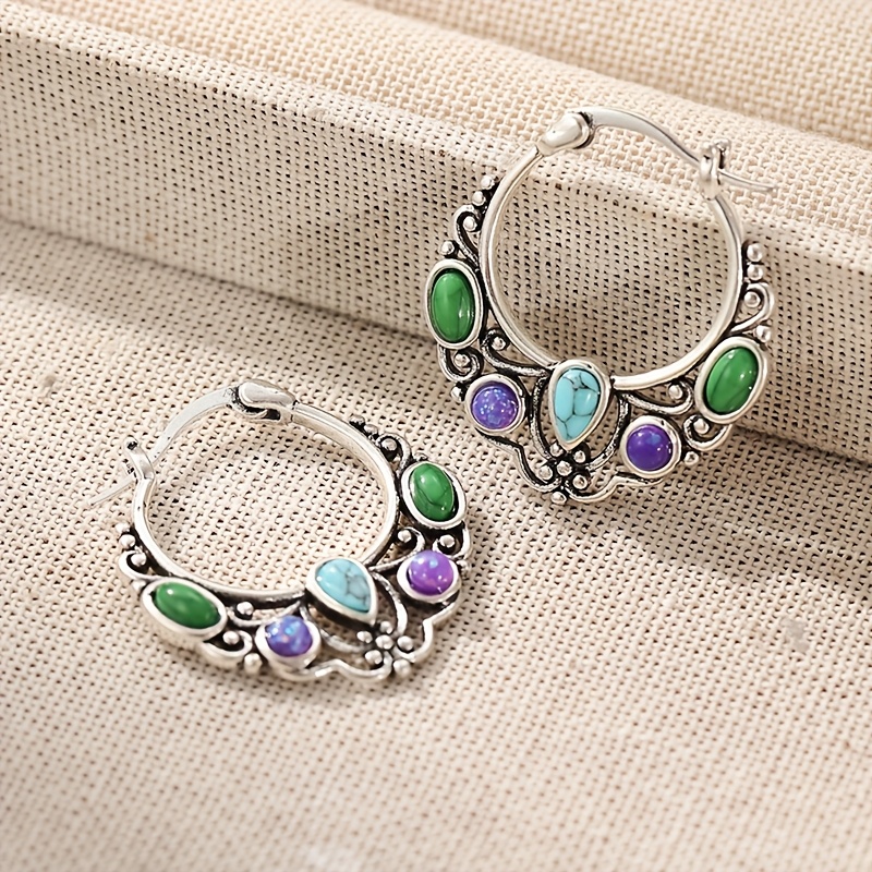 Women's Silvery Color Synthetic Turquoise Stud Hoop Earrings