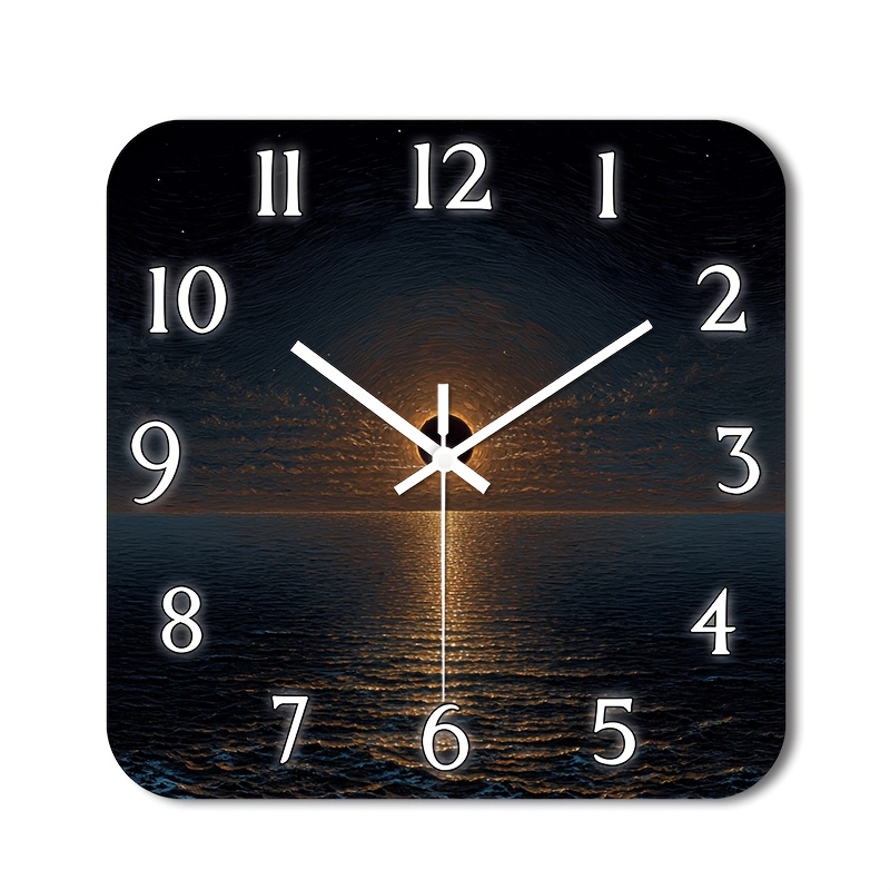 TEMU 1pc Silent Wall Clock Non-ticking Wooden, Decorative Square Clock At Night Design For Kitchen, Study Room, Hallway, Living Room, (no Battery)
