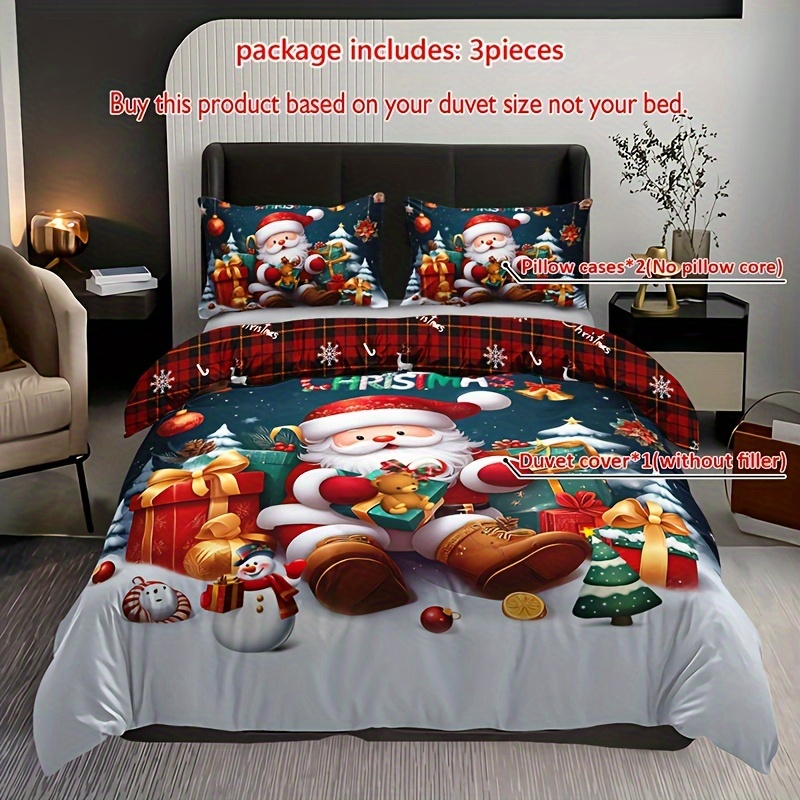 3pcs Christmas Bedding Set - Santa & Snowman Print Duvet Cover And Pillowcases, Breathable Polyester, Machine Washable - Perfect For , Christmas Present