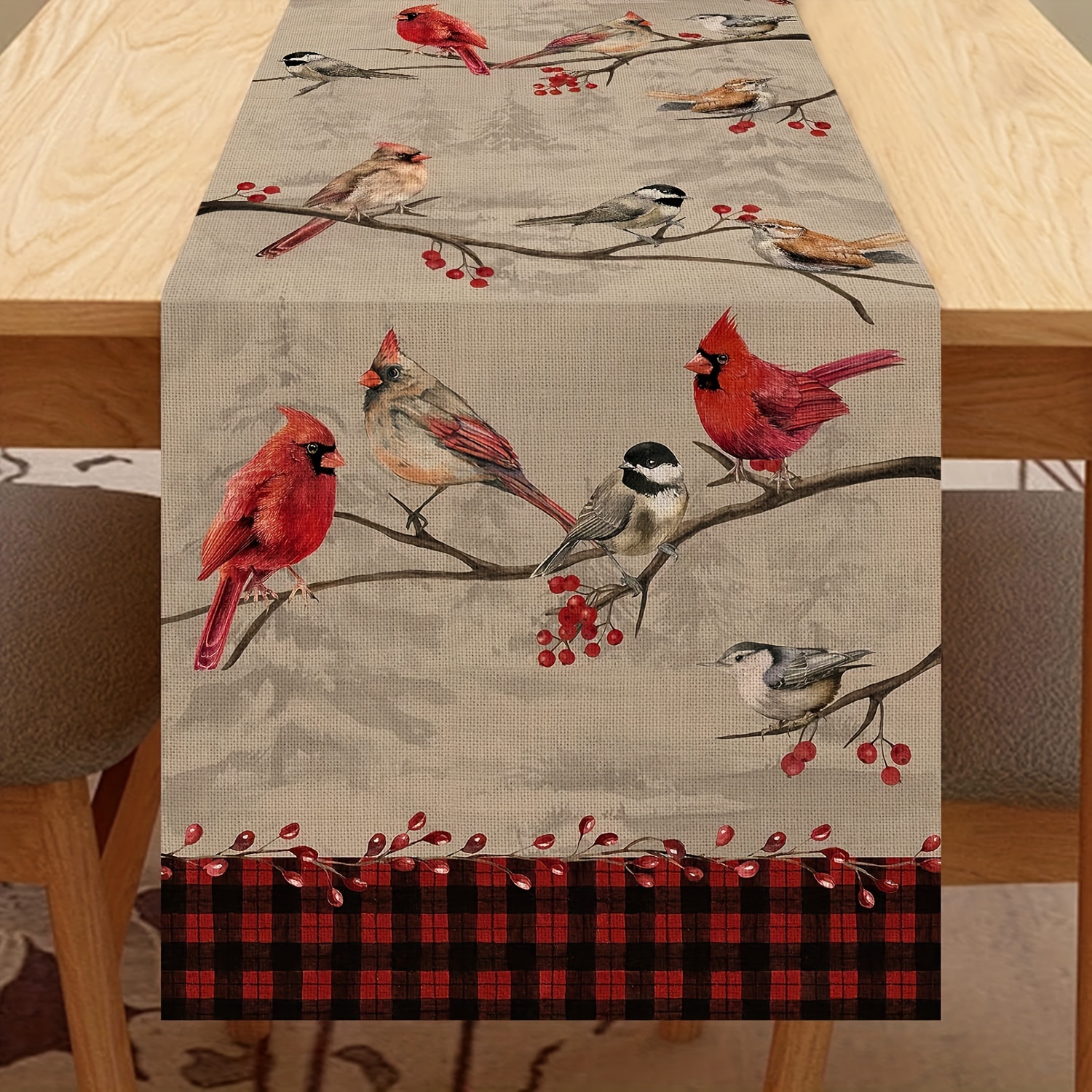 

Polyester Woven Table Runner With Vintage Bird Pattern, Red Chickadee , Burlap Farmhouse Dining Decor, Winter Christmas Holiday Party Supplies