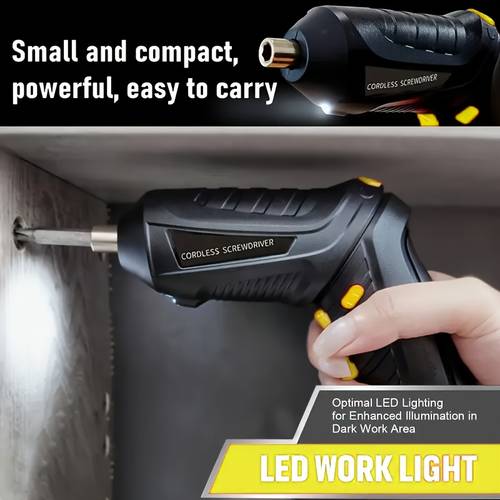 An ultra-premium electric screwdriver with dual-function straight and Phillips heads, equipped with LED lighting for enhanced visibility in dim or tight spaces. Features a high-capacity battery for long-lasting power after a single charge, ensuring extended use without fatigue. Compact and ergonomic design fits comfortably in hand, making it ideal for outdoor tasks, furniture repair, tool maintenance, computer repairs, and more