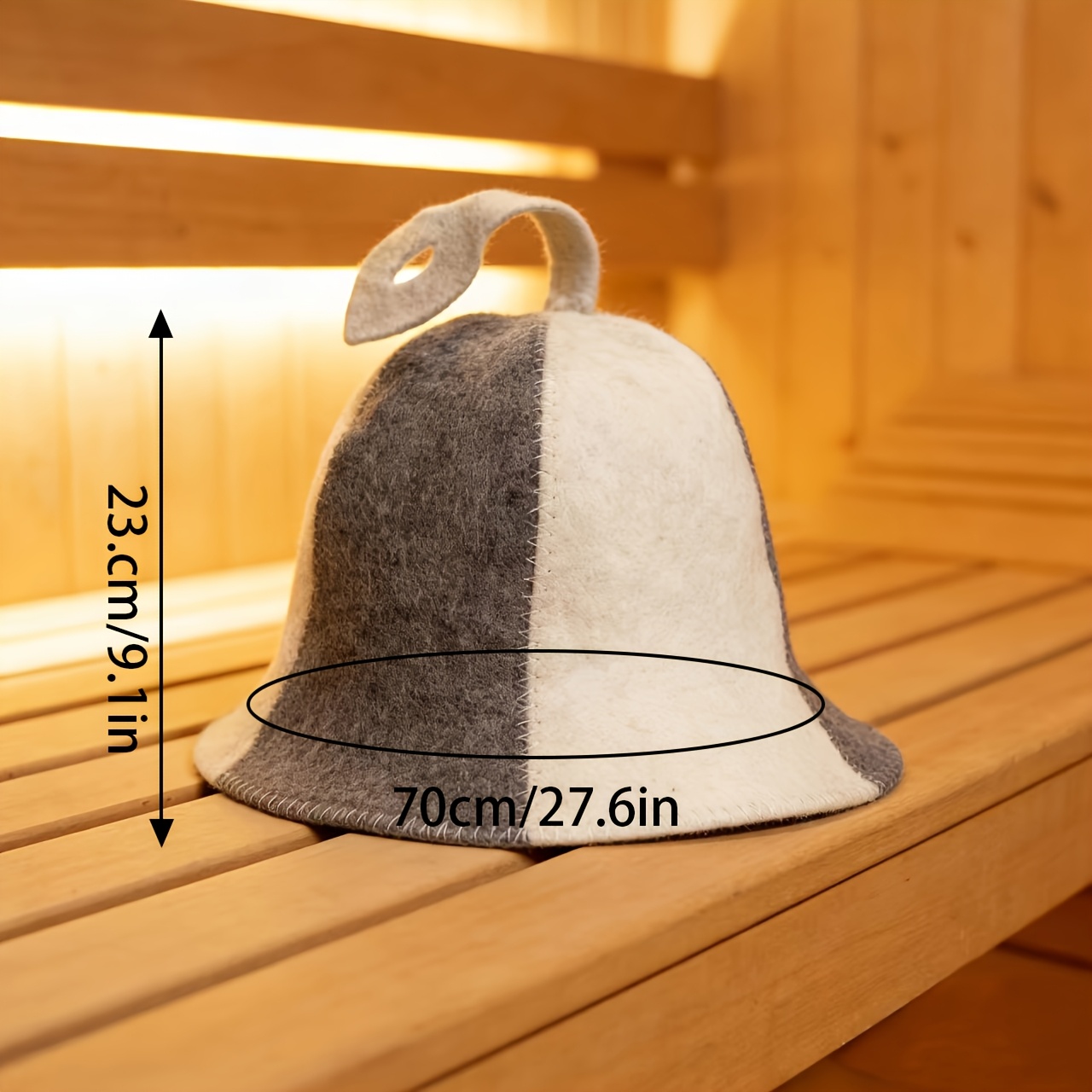 Felt With Grey And White Striped Border And Leaf-shaped Handle Is A Hat That Protects Your Head From Heat Damage. It Protects Your Ears From Heat. It Protects Your Treated And Colored Hair