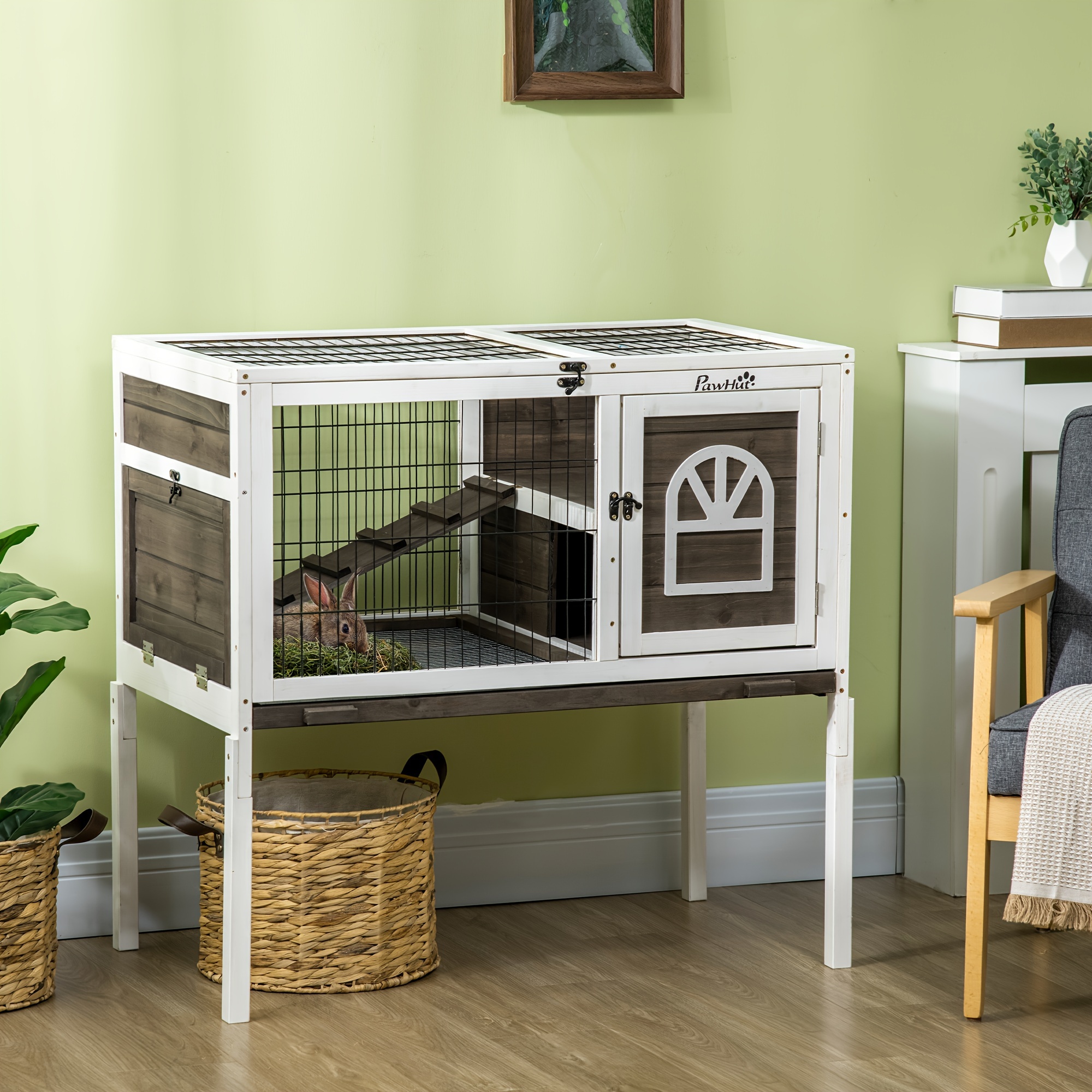 wooden rabbit hutch indoor elevated small animal cage with run ladder lockable doors and removable tray