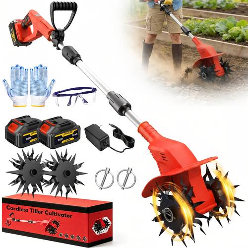 item picture 20V Cordless Cultivator, 360RPM Electric Garden , with 2 * 4.0Ah Batteries & Charger, 9in Tilling Width And 6.6 Garden for Lawn/Gardening/Soil + Gloves + Safety Glasses