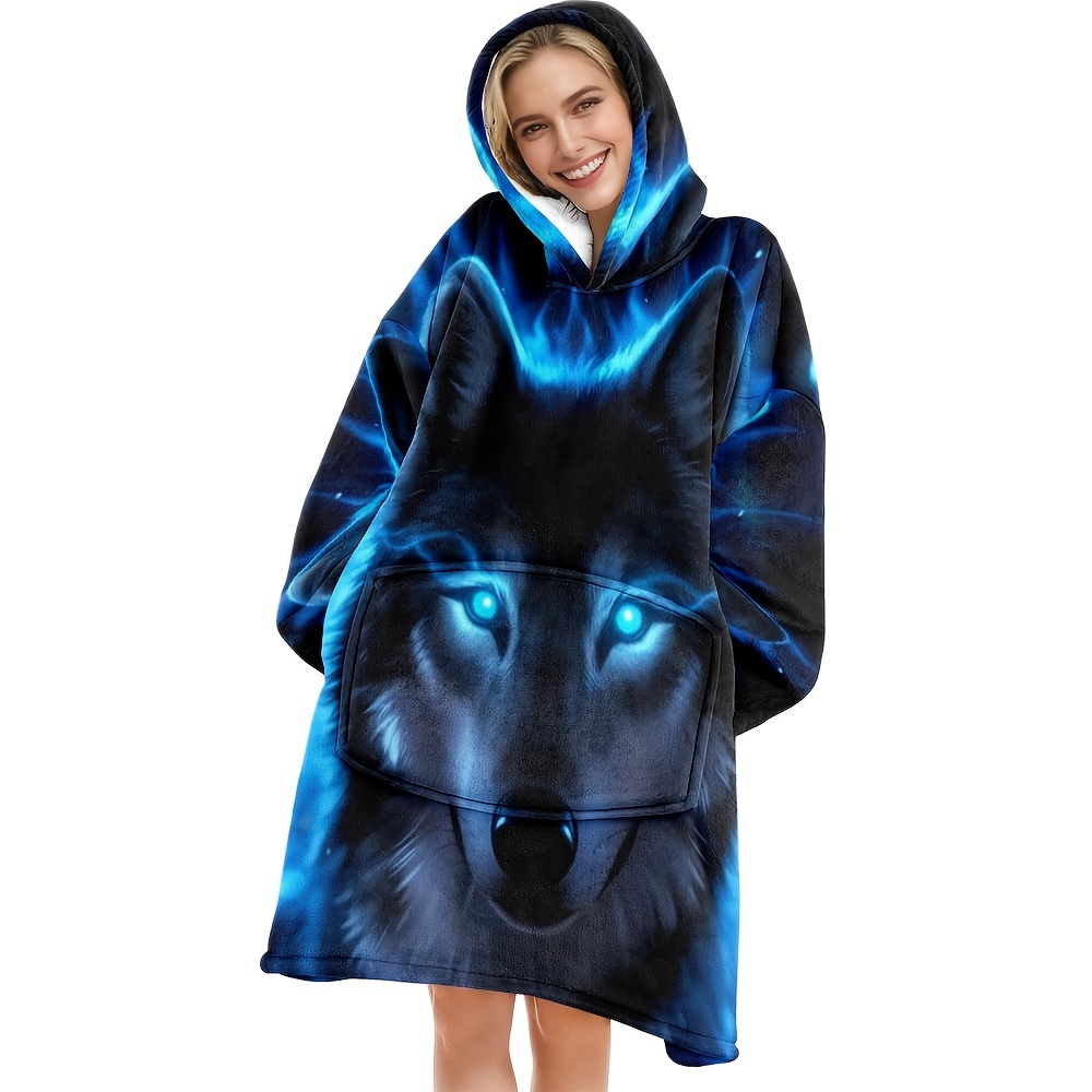 TEMU Men's Wolf Face Hooded Blanket - With Glowing Eyes & Blue Flame Design, Plush Soft Flannel Cozy Throw With Large Pockets