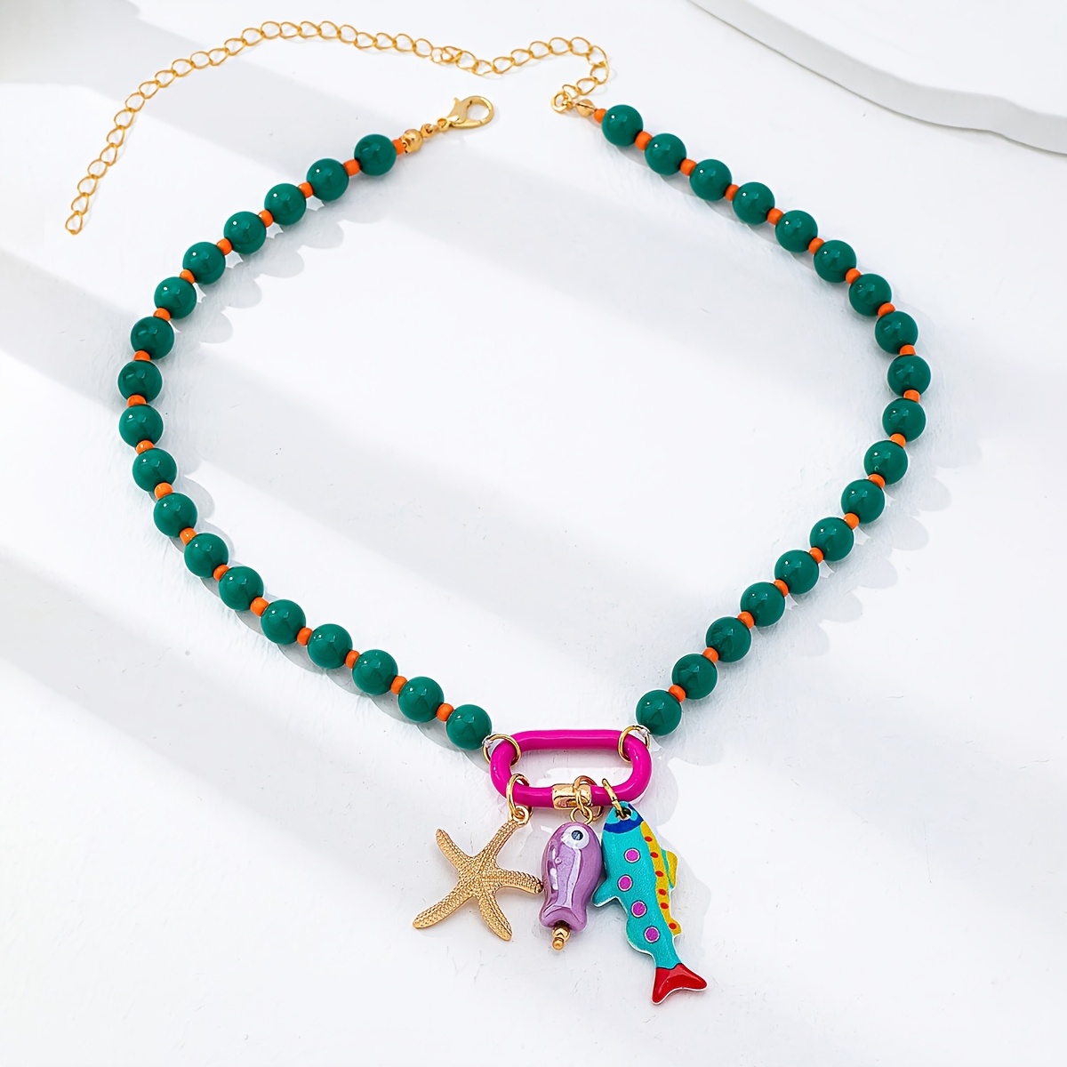 TEMU 1pc A Summer Beach-themed Resin Beaded Necklace Featuring Colorful Fish And Starfish Charms, Designed For Women. This Bohemian Jewelry Is Perfect For Vacations And Beach Parties