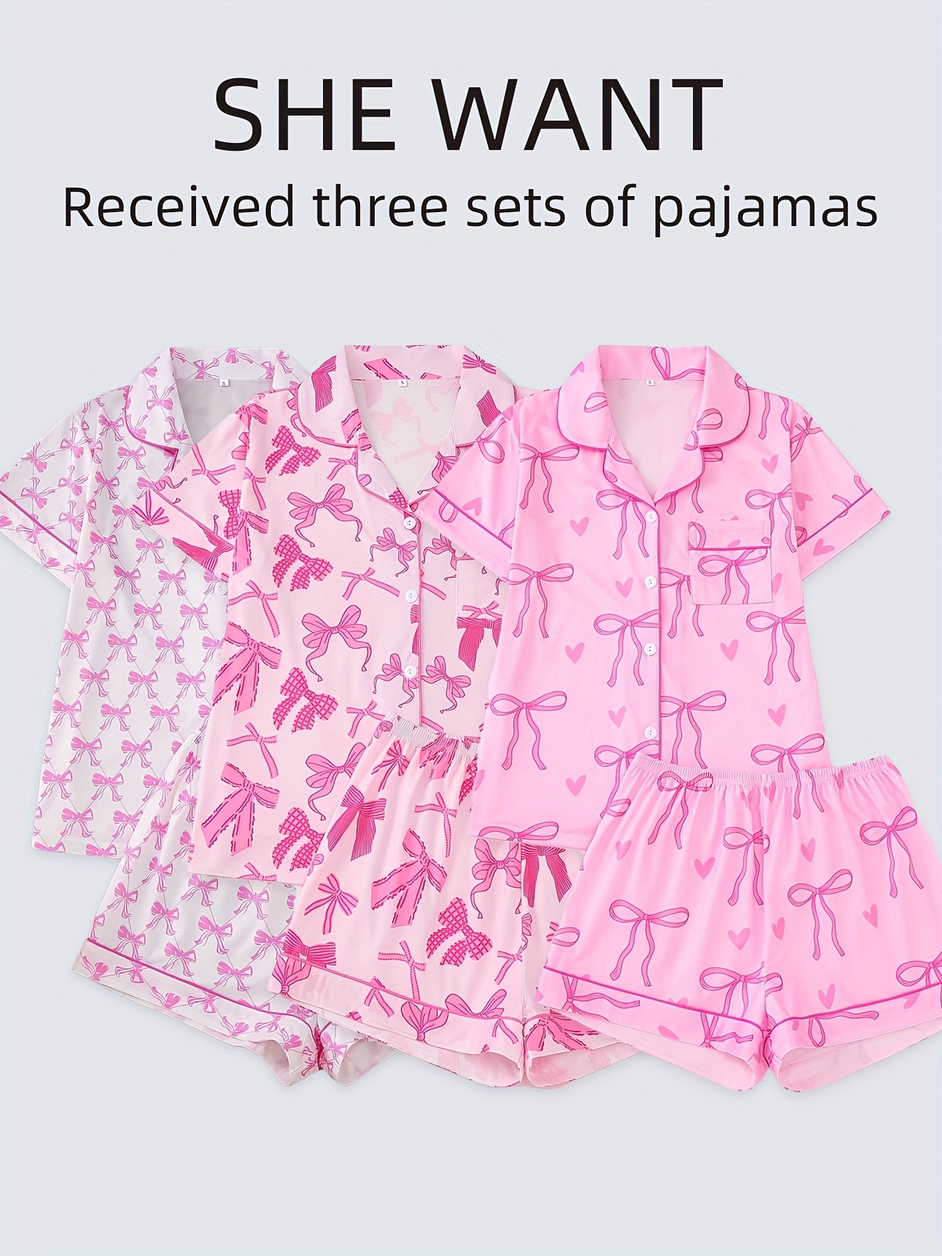 three sets of womens pajamas set womens pajamas set combination knitted fabric short sleeved button top and matching shorts full body print collar and pocket details suitable for adult pajamas set