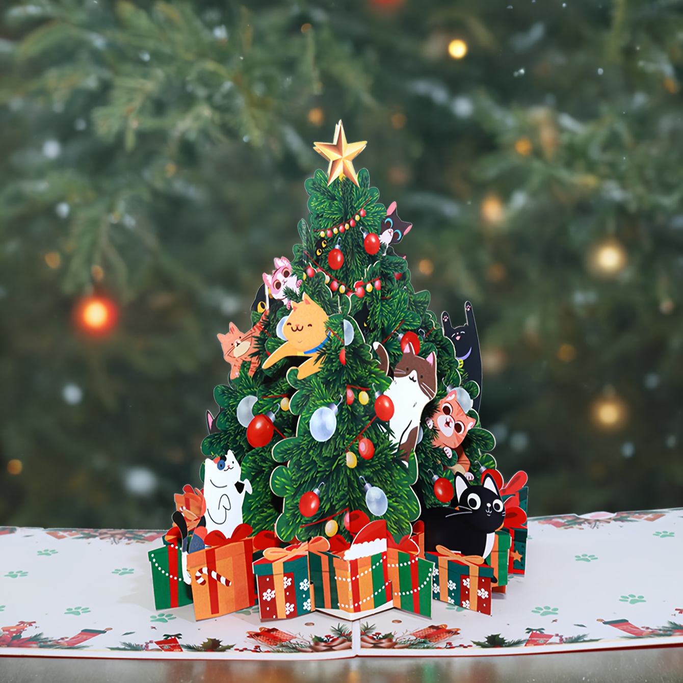 1pc Christmas Pop Up Card, Cat Tree Christmas Greeting Card With Note Card And Envelope