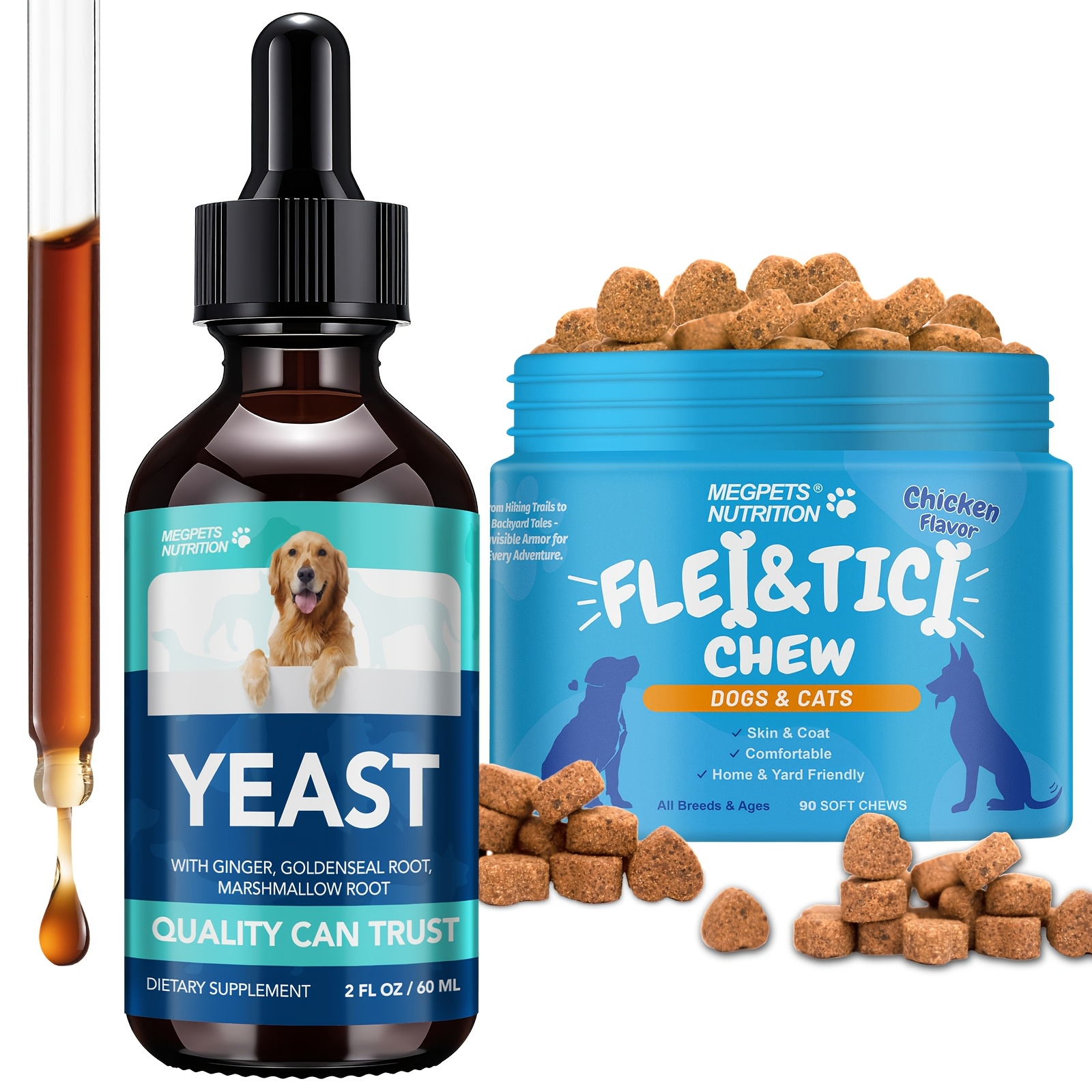 TEMU (1+1) Natural Fle & Tic Health Chews + Yeast Health Drops For All Dogs | Ear, Skin & Digestive Supplement With Meal, Yeast, Pau D' Bark, And Extract | Flavor