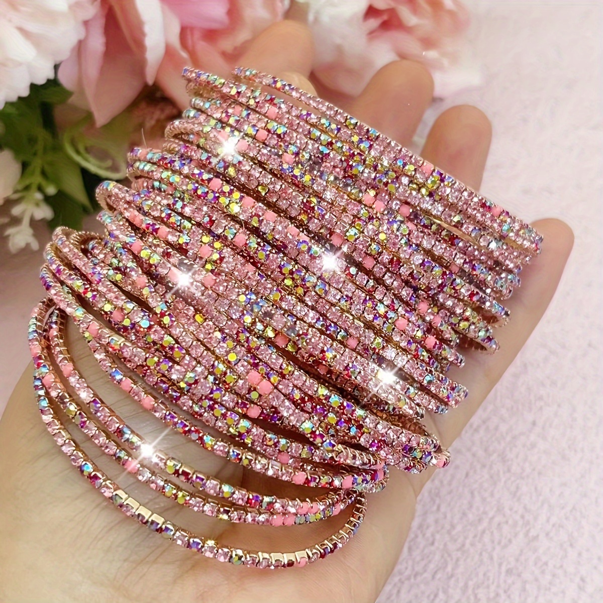 Pink Red Rhinestone Tennis Bracelets Set
