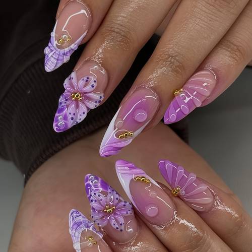 10pcs handmade stiletto press on nails gradient purple flower acrylic nail tips e reusable long lasting y2k outfits dates parties golden accent quick diy manicure kit