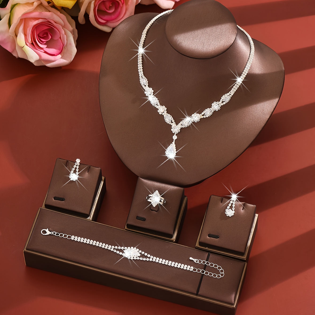 TEMU Set di Gioielli Eleganti|Decorazioni con Strass, Gioielli per Donne Set di Gioielli Eleganti con Strass Scintillanti, per Formali, Matrimoni e