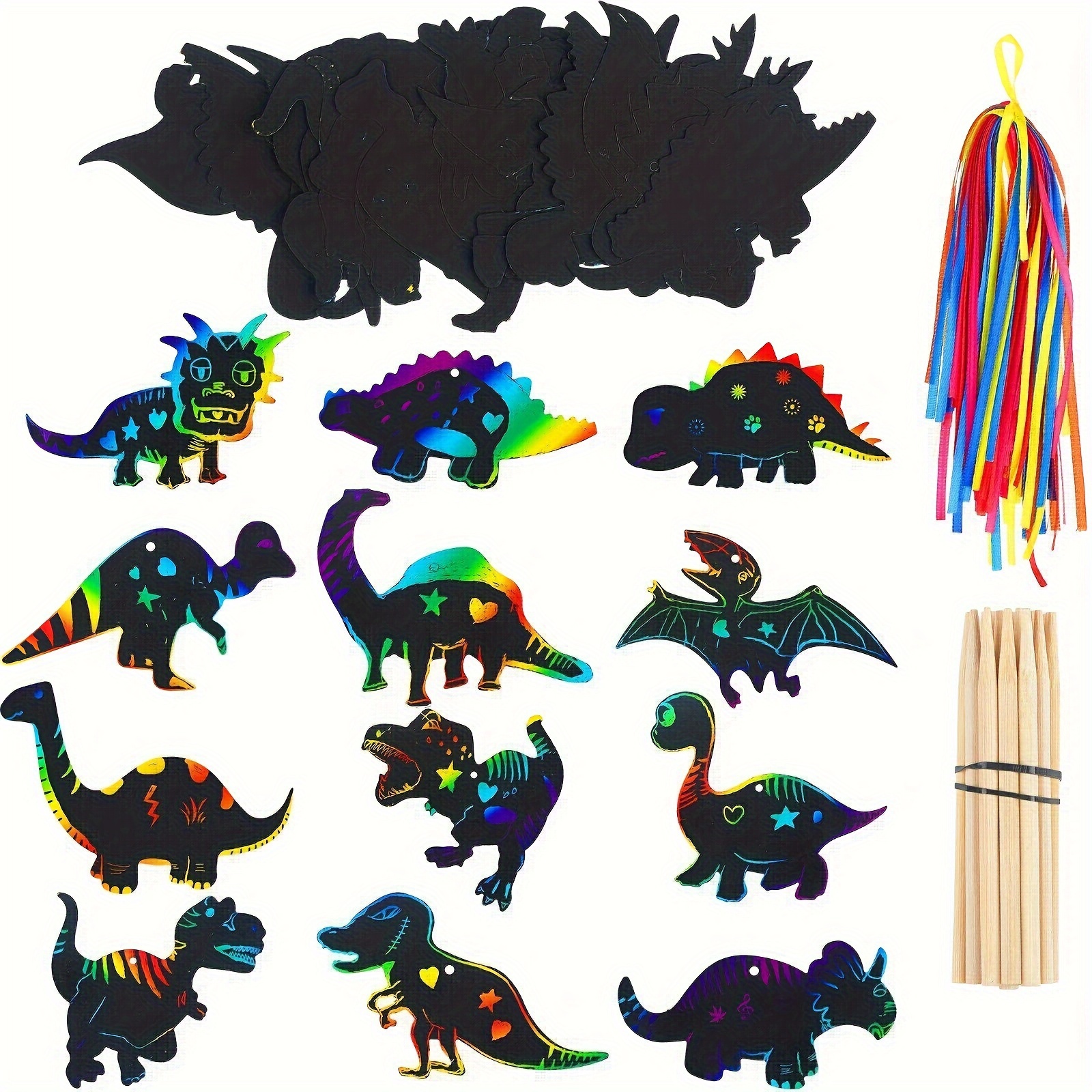 

24pcs Dinosaur Diy Rainbow Scratch Paper, Colorful Graffiti, Creative Decoration, Birthday Gift, Funny For Birthday Party Holiday Gift, Contains Bamboo Pen