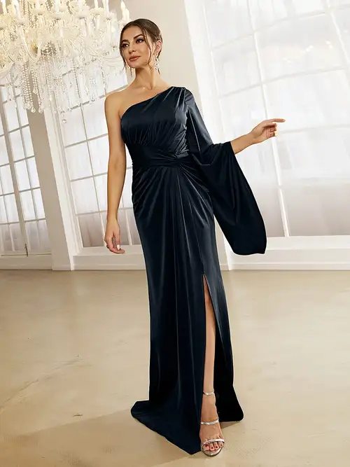 one shoulder batwing dress Grizelda - Batwing-Sleeve One-Shoulder Plain Maxi A-Line Dress