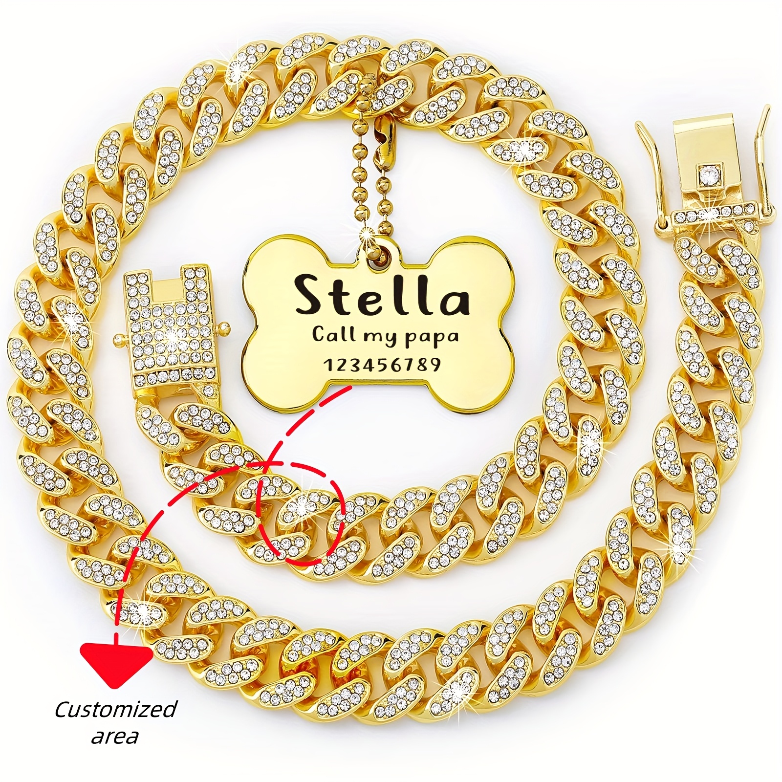TEMU Collier pour chien personnalisé de 16 pouces avec maillons cubains, collier métallique à boucle de sécurité et design pour chiens petits, moyens