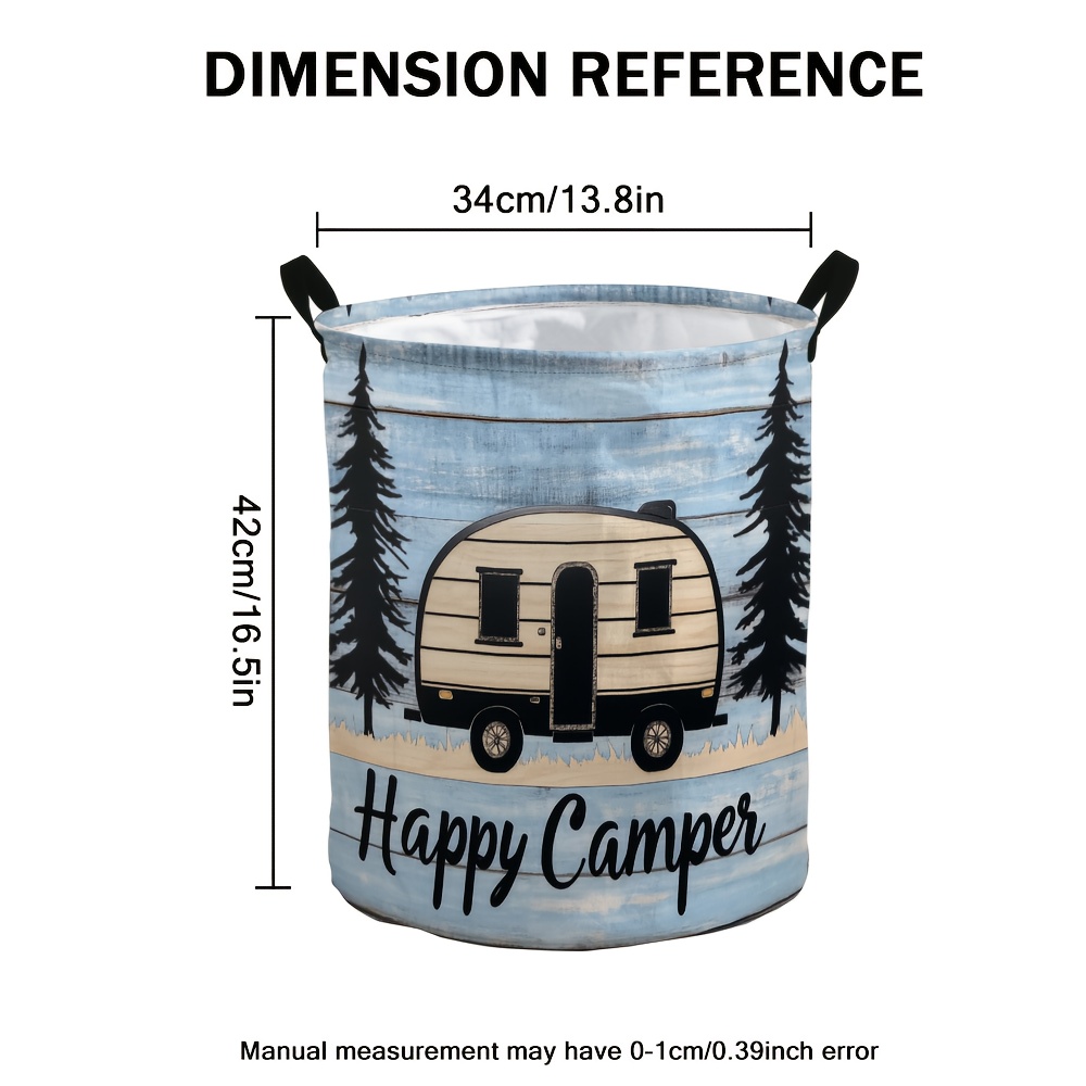TEMU 1pc Of Joy 2d Flat Design Laundry Basket – Collapsible Round Container With Handles, Made Of Polyester, Ideal For Organizing Bathrooms And