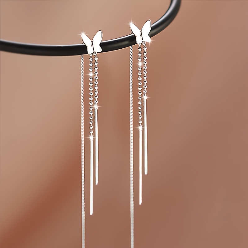 E-shop Ein Paar silberfarbene Schmetterling Quasten Ohrringe, hypoallergen, mit einem eleganten und niedlichen Stil, perfektes Geschenk für Frauen,